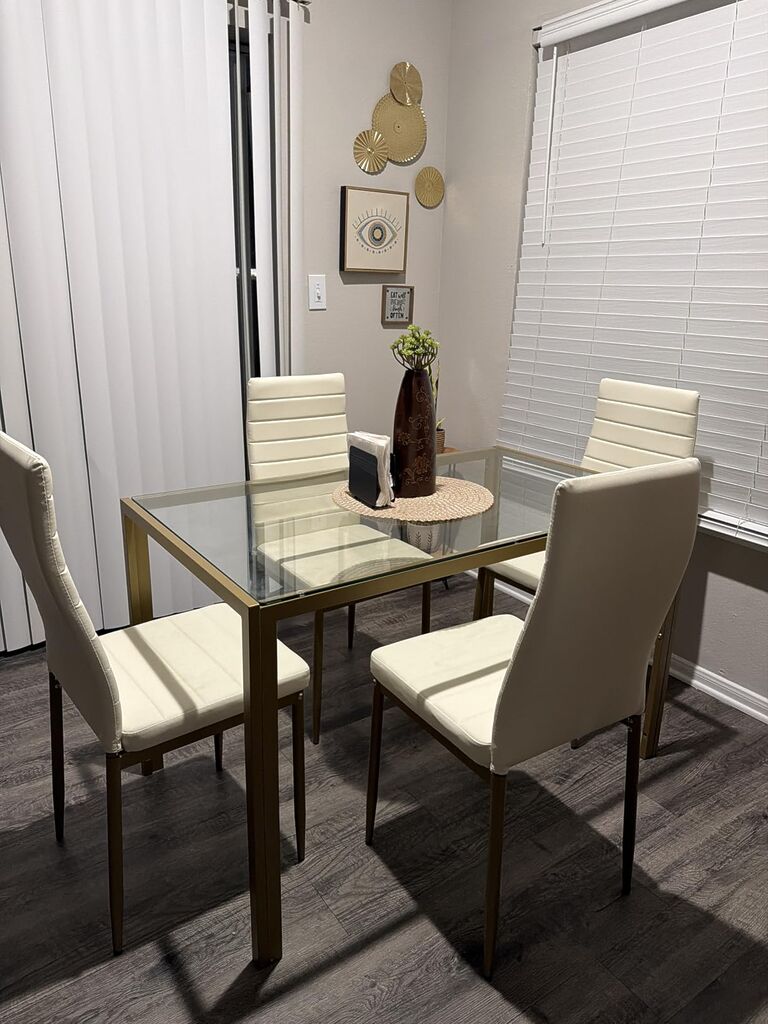 Best Choice Products 5-Piece Glass Dining Set, Modern Kitchen Table Furniture for Dining Room, Dinette, Compact Space-Saving w/Glass Tabletop, 4 Upholstered PU Chairs, Metal Steel Frame - Black customer photo 2
