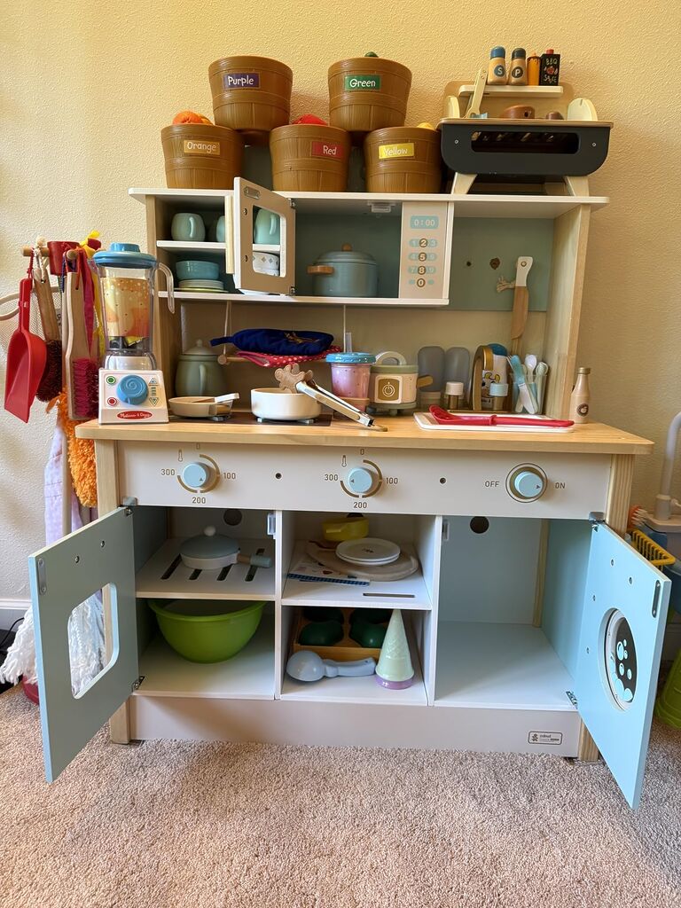 ROBUD Wooden Play Kitchen Set for Kids, Pretend Kitchen Toy | Realistic wooden kitchen playset with stove, oven, microwave, sink and accessories for imaginative pretend cooking fun. customer photo 1