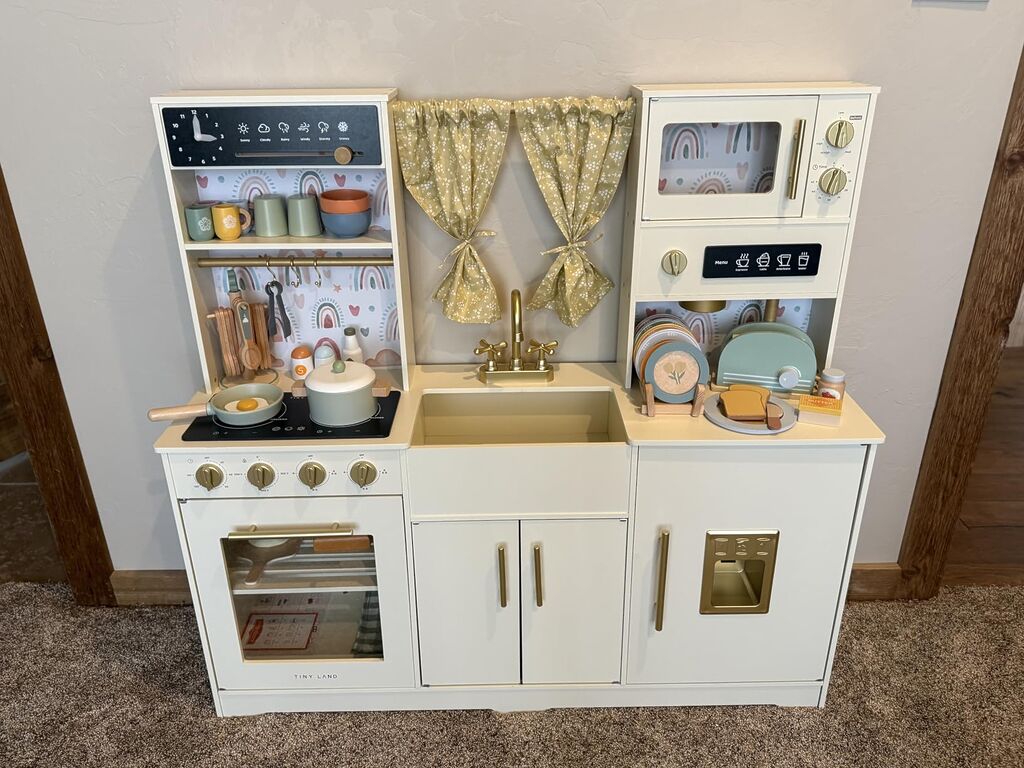 Tiny Land Play Kitchen for Kids - Modern Home Design with Fabric Curtains | Interactive Wooden Kitchen with Coffee Maker & Microwave, Pretend Play Toy, Birthday & Christmas Gift for Boys & Girls customer photo 2