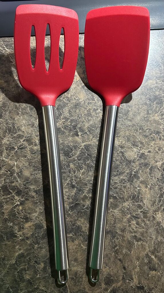 13.4 in Stainless Steel Spatula Set of 2, Heavy Duty Solid & Slotted Metal Spatula with Silicone Handle for Cast Iron Skillet customer photo 2