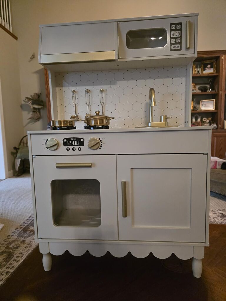 Best Choice Products Toddler Kitchen Playset, Wooden Cottage Kids Play Kitchen with 5 Accessories, Toy Storage, Scalloped Edge, and Pretend Play Microwave, Oven, Clicking Knobs - Cream customer photo 2