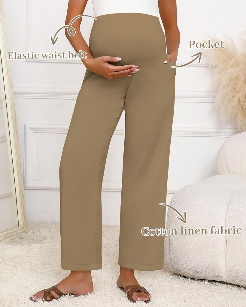 Huukeay Women's Cotton Linen Blend Maternity Pants, High Waisted Lounge Pregnancy Pants Over The Belly Trousers with Pockets customer photo 2