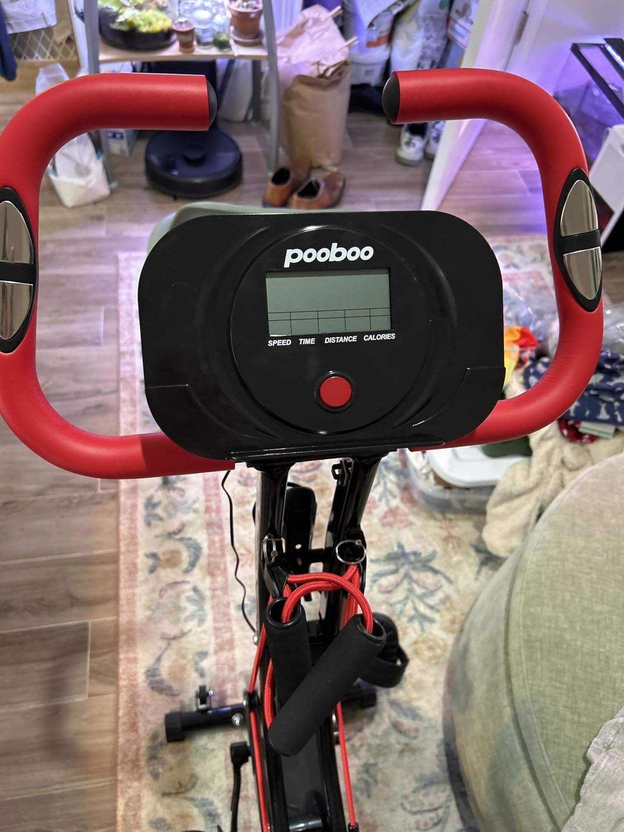 pooboo Folding Exercise Bike, Foldable Upright Stationary Bike, Indoor Cycling Magnetic X-Bike with 8-Level Adjustable Resistance, 300LB Capacity customer photo 1