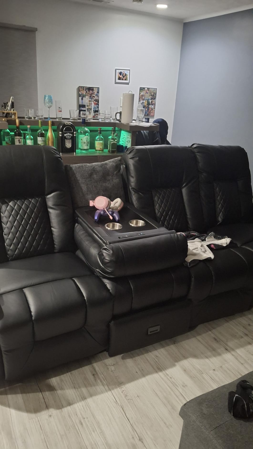 FURNIMAT Recliner Sofa, 3 Seats Dual Reclining Sofa, PU Leather Loveseat Couch, Modern Recliner Chair for Living Room, with Cup Holder and 2 Cell Phone Holder, USB Ports, Black customer photo 1