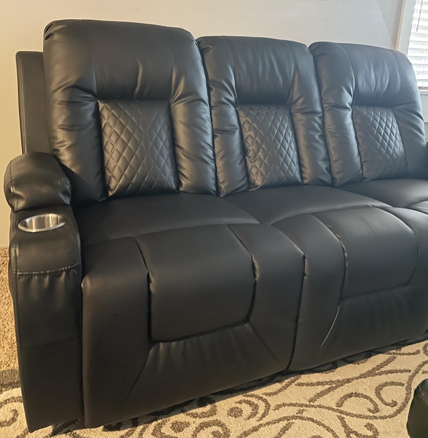 FURNIMAT Recliner Sofa, 3 Seats Dual Reclining Sofa, PU Leather Loveseat Couch, Modern Recliner Chair for Living Room, with Cup Holder and 2 Cell Phone Holder, USB Ports, Black customer photo 2