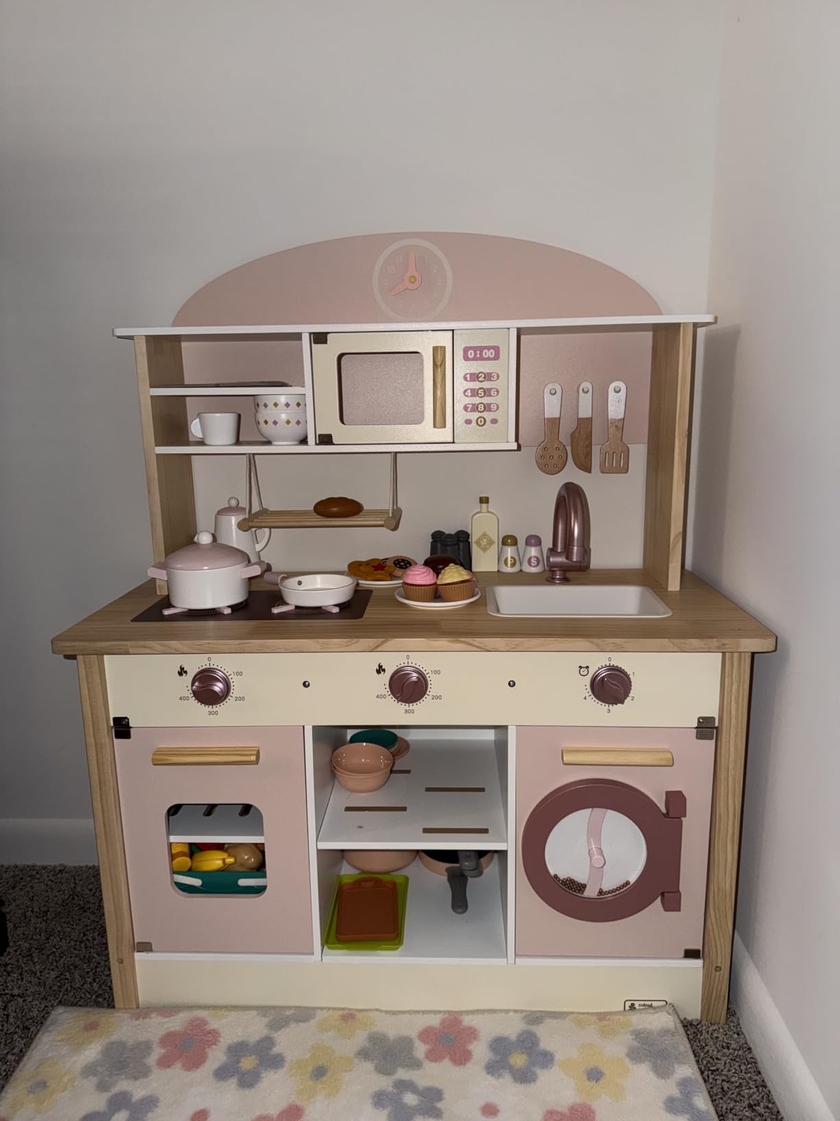 ROBUD Play Kitchen Set, Wooden Play Kitchen | with Ice Maker, Fridge, Coffee Machine, Oven, Dishwasher, Microwave, Kitchen Accessories, Toy Kitchen Gift for Boys Girls, 3+ customer photo 1