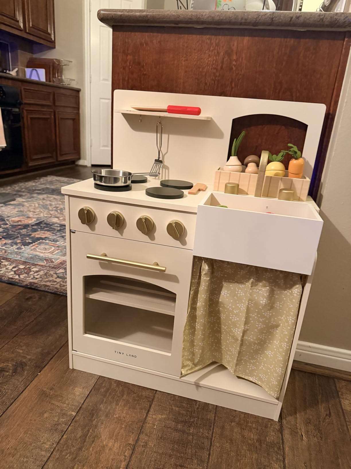Tiny Land Wooden Play Kitchen for Toddlers, Compact Cream Pretend Play Set | Cutting Food & Stainless Steel Cookware, Oven, Stove, Sink, Clicking Knobs, Storage Shelf, Gift for Girls & Boys Ages 3+ customer photo 2