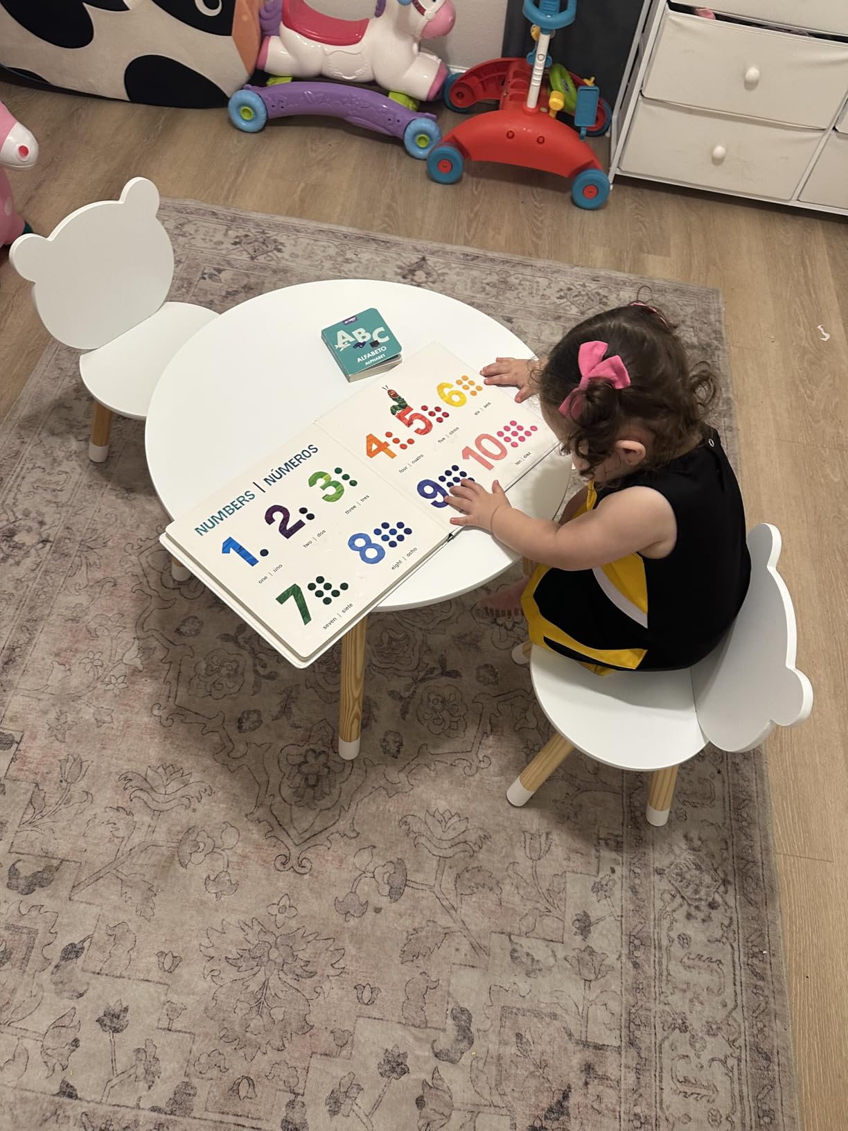 UTEX Bear-Themed Wooden Toddler Table and Chair Set, Solid Wood Legs, Water-Based Paint, Smooth Rounded Edges, White customer photo 1