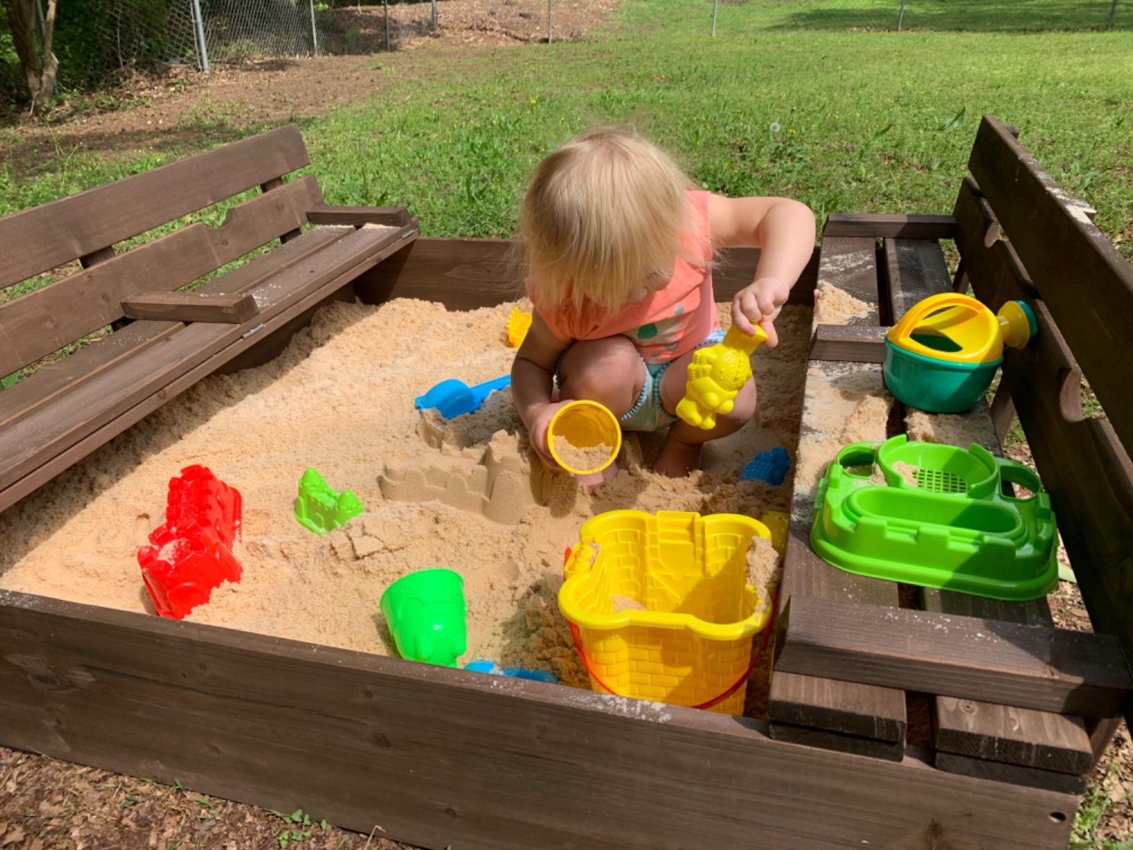 Badger Basket Cedar Sandbox with Lid & Benches - Outdoor Wooden Sandbox for Kids with Folding Cover - Large Backyard Playset (46.5 x 46.5 x 9.5) customer photo 2