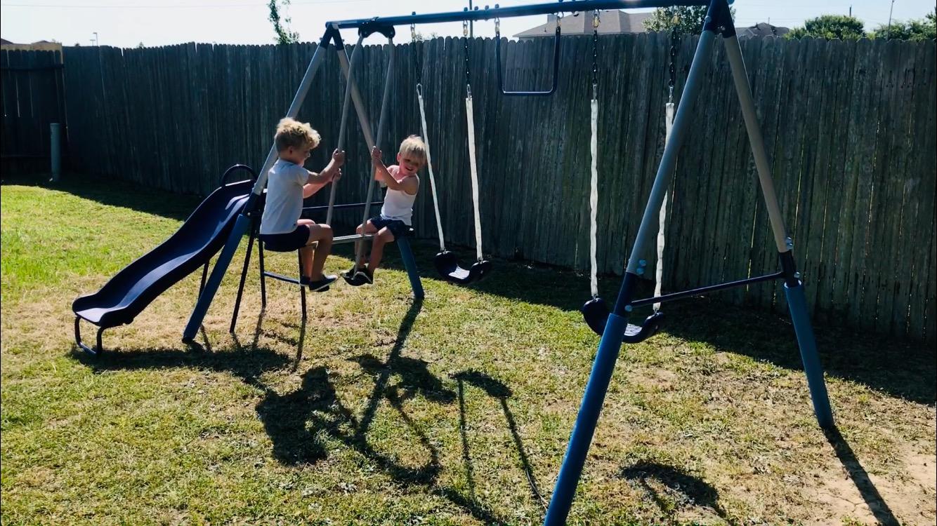 Sportspower Arcadia Metal Swing Set for Kids – Trapeze, 2-Person Glider, 5ft Slide, Anchor Kit, 6.1ft Durable Steel Frame – Outdoor Backyard Playset with 600 lbs Capacity customer photo 1