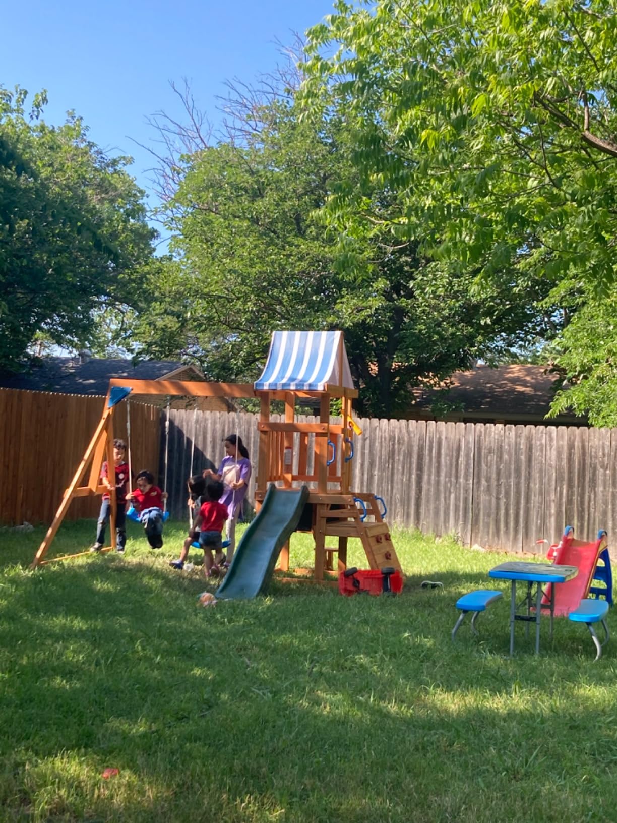 ROBOTIME Wooden Swing Set for Backyard, All-in-One Kids Playset, Ages 3-10 customer photo 2