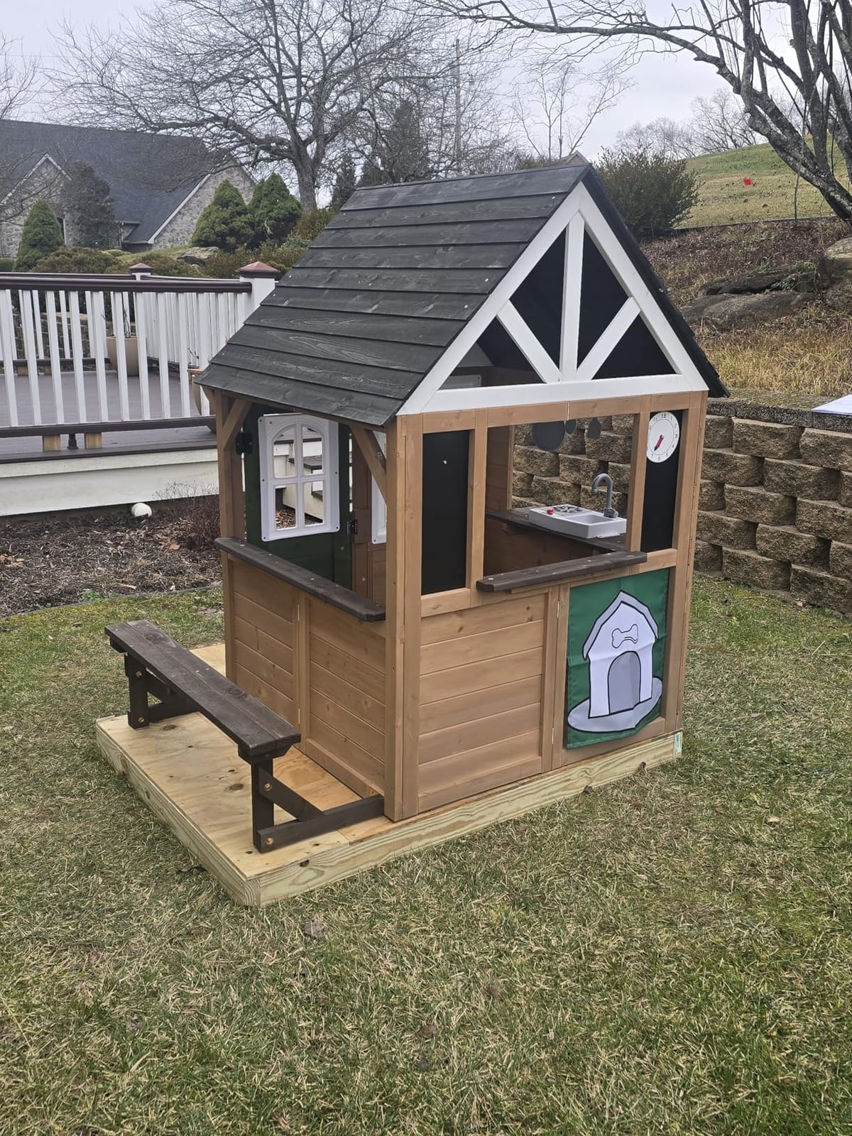 Kids Outdoor Playhouse,Cedar Gray Wooden Play House for Kids Ages 3-8, with Play Kitchen, Interactive Doorbell, Toy Phone, Sink, Flowerpot customer photo 2