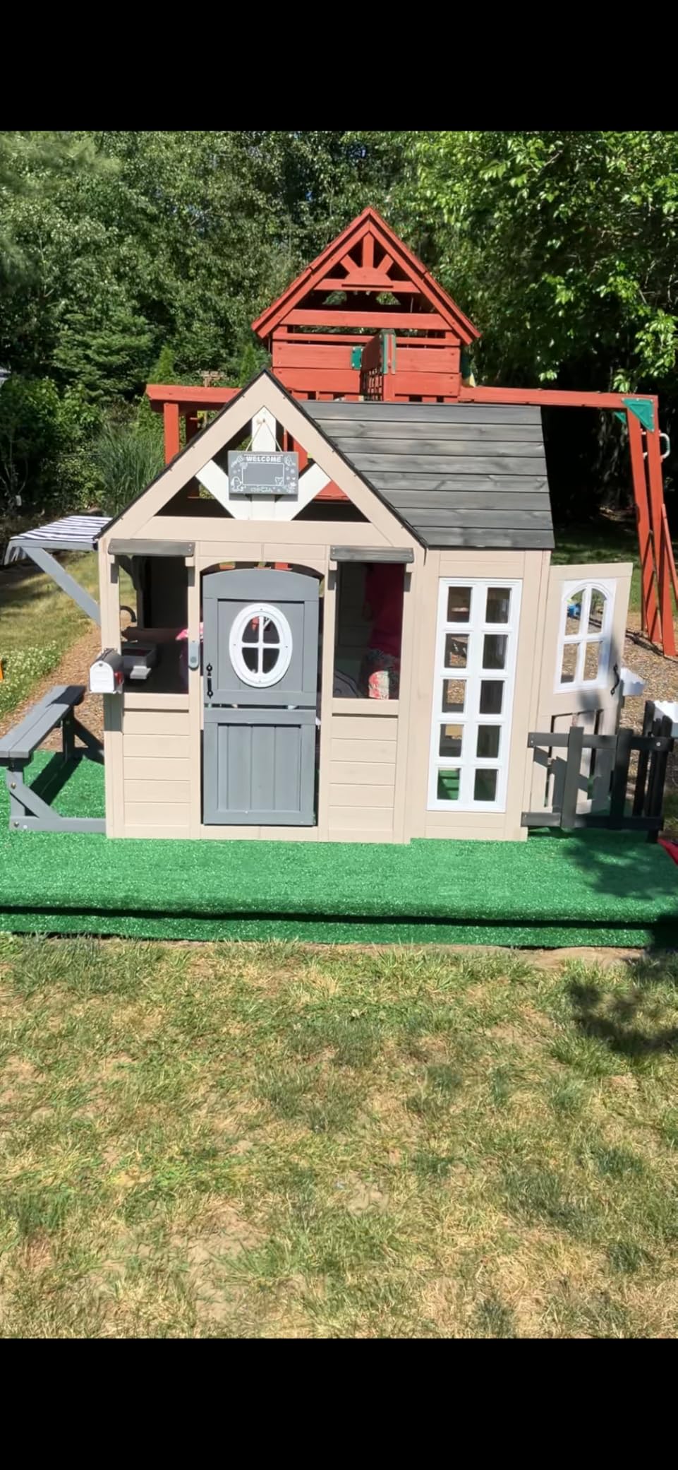 Albott Outdoor Wooden Playhouse for Kids, Backyard Cottage with Fence customer photo 2